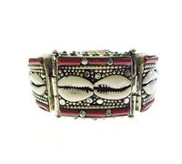Coral gemstone & shell design handmade designer cuff bracelet for women & men, buddhist bohemian tibetan tribal gypsy style oxidized silver handmade fashion cuff bracelet jewellery