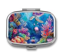 Coral Jellyfish Turtle Pill Case Box with 2 Compartment Medicine Vitamin Organizer for Purse Pocket 5.5x4cm