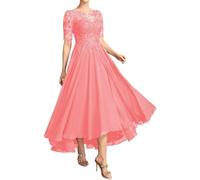 Coral Mother of The Bride Dresses Tea Length Lace Applique Chiffon Formal Evening Gown with Short Sleeves Wedding Guest Dress for Women 16