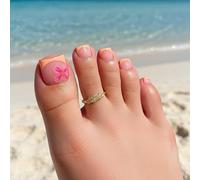 Coral Pink Square Glossy Press-On Toe Nails With 3D Flower Accent French Design - 24PCS False Toenails For Women Summer Beach Casual Wear Easy Application Long-Lasting, Waterproof Glossy Fake Nails