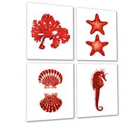 Coral Red Beach Wall Decor Set of 4 Unframed Seashells Seahorse Seaweed Starfish Prints