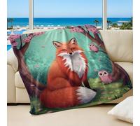 Coral Red Fox Printed Flannel Blanket in Cherry Blossom Forest, Warm Throw for Kids and Adults (01,100x150cm)