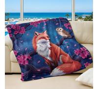 Coral Red Fox Printed Flannel Blanket in Cherry Blossom Forest, Warm Throw for Kids and Adults (05,100x150cm)