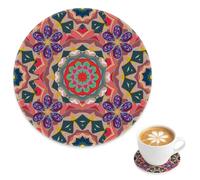 Coral Red Geometric Flower Easy To Clean Tea Coaster 1 Pack, Violet Floral Colorful Round Ceramic Coasters for Drinks, Kitchen Cup Pad Coffee Table Decor, Gift for Men Husband, 4 Inch