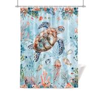 Coral Red Shower Curtain for Bathroom, Blue Ocean Sea Turtles Jellyfish Tropical Fish Waterproof Cloth Fabric Bathroom Accessories Set with 12 Rust Proof Plastic Hooks, 66” x 72”