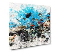 Coral Reef And Fish Vol.2 Watercolour Canvas Print | Gallery Wrapped 30mm Frame Wall Art | 20x20 inches | Ready to Hang | Modern Animals Picture | Living Room Bedroom Lounge Office
