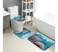 Coral Reef Bathroom Mat Sets 3 Piece, Ocean Waves Blue Abstract Non Slip Toilet Rugs U Shaped Washable, Summer Coastal Quick Dry Flannel Bathroom Rug Set