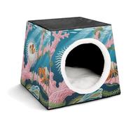 Coral Reef Cat Bed for Indoor Cats - Foldable Cat & Dog House with Removable Cozy Cushion, Waterproof Oxford Washable Pet House for Small Pets 13.8" X 13.8" X 11.8"