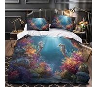 Coral Reef Duvet Cover Seahorse with Sunlight Shining through Underwater 3D Printed Bedding Set 3Pcs Microfiber Quilt Cover, with Pillowcase Comforter Cover Adults And Teens Super King（260x220cm）