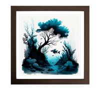 Coral Reef Ink Wash No.1 Framed Print | 18x18 Inch Walnut Framed Wall Art | Ready to Hang | Modern Nature Picture | Living Room Bedroom Lounge Office