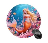 Coral Reef Mermaid Mouse Pad Round Mouse Mat Leather Non-Slip Rubber Base Mousepad Waterproof Computer Mouses Pad for Laptop Wireless Mouses Keyboard Home Office