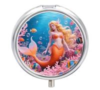 Coral Reef Mermaid Pill Box Travel Pill Organizer 3-Compartment with Mirror Design Portable Round Medicine Case for Vitamins, Jewelry & Essentials Durable Pocket Pillcase for Purse, Camping