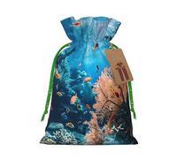 Coral Reef Print Christmas Drawstring Gift Bags With Cards For Xmas Party Decorations Holiday