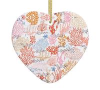 Coral Reef Printed Ceramic Christmas Heart Pendant, Christmas Tree Decoration With Gold Thread Rope