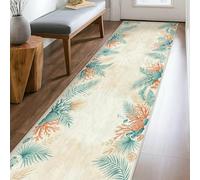 Coral Runner Rug, Coastal Natural Fern Shell Summer Teal Non-Slip Edge Binding Home Rectangle Carpet for Kitchen Laundry Room Doorway Entryway Decor 2x8 Ft