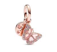 (coral) S925 Sterling Silver Charms Fit Pandora Bracelet Pink Butterfly And Quote Double Dangle Charm Women Fine Diy Jewelry Gifts