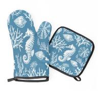 Coral Seahorse Starfish Shells Oven Mitts & Pot Holders BBQ Gloves, Heat Resistant Kitchen Oven Gloves Hot Pads for Cooking Baking Grilling