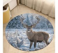 Coral Velvet Round Area Rug 2.5' Non-Slip TPR Backing Carpet 0.2 Inch Low Pile Deer on Wilderness Door Mat Washable Decorative Floor Rug for Bathroom Kitchen Entryway Home Decor Aesthetic Farmhouse