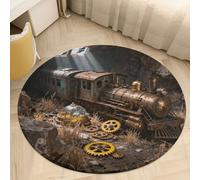 Coral Velvet Round Area Rug 2.5' Non-Slip TPR Backing Carpet 0.2 Inch Low Pile Steampunk Train Wreck Door Mat Washable Decorative Floor Rug for Bathroom Kitchen Entryway Home Decor