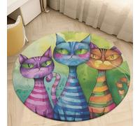 Coral Velvet Round Area Rug 2' Non-Slip TPR Backing Carpet 0.2 Inch Low Pile Three Cats Side by Side Door Mat Washable Decorative Floor Rug for Bathroom Kitchen Entryway Home Decor Aesthetic