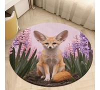 Coral Velvet Round Area Rug 3' Non-Slip TPR Backing Carpet 0.2 Inch Low Pile Fennec Fox in Pink Hyacinths Door Mat Washable Decorative Floor Rug for Bathroom Kitchen Entryway Home Decor