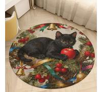 Coral Velvet Round Area Rugs for Bedroom 2' Thin 0.2" Non Slip Low Pile Circle Cat on The Christmas Tree Bath Rug Absorbent Front Door Mat Plush Floor Carpet for Entryway Dorm Home Decor