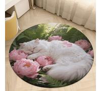 Coral Velvet Round Area Rugs for Bedroom 3' Thin 0.2" Non Slip Low Pile Circle The Cat Among The Peonies Bath Rug Absorbent Front Door Mat Plush Floor Carpet for Entryway Dorm Home Decor