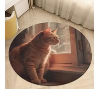 Coral Velvet Round Cat Sitting on Windowsill Area Rug 2.5Ft Welcome Door Mat with Non Slip TPR Backing Low Pile Stain Resistant Thin Indoor Carpet Floor Rug for Bathroom Kitchen Entryway Home Decor