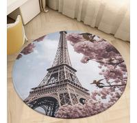 Coral Velvet Round Eiffel Tower Blossoms Area Rug 2ft Welcome Door Mat with Non Slip TPR Backing Low Pile Stain Resistant Thin Indoor Carpet Floor Rug for Bathroom Kitchen Entryway Home Decor