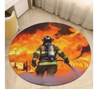 Coral Velvet Round Firefighter Fireman Flame Area Rug 2Ft Welcome Door Mat with Non Slip TPR Backing Low Pile Stain Resistant Thin Indoor Carpet Floor Rug for Bathroom Kitchen Entryway Home Decor