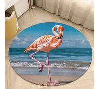 Coral Velvet Round Flamingo on Beach Area Rug 2ft Welcome Door Mat with Non Slip TPR Backing Low Pile Stain Resistant Thin Indoor Carpet Floor Rug for Bathroom Kitchen Entryway Home Decor