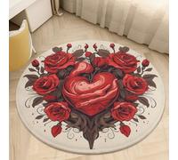 Coral Velvet Round Rose Heart Shape Area Rug 2.5Ft Welcome Door Mat with Non Slip TPR Backing Low Pile Stain Resistant Thin Indoor Carpet Floor Rug for Bathroom Kitchen Entryway Home Decor