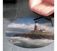 Coral Velvet Round Rug 3' Anti Slip TPR Backing Circle Sea Lighthouse Area Rug Quick Dry Plush 0.2 Inch Low Pile Door Mat Senior & Pet Friendly Carpet for Bathroom Kitchen Bedroom Entryway