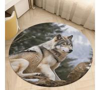 Coral Velvet Round Snow Mountain Wild Wolf Area Rug 2.5ft Welcome Door Mat with Non Slip TPR Backing Low Pile Stain Resistant Thin Indoor Carpet Floor Rug for Bathroom Kitchen Entryway Home Decor
