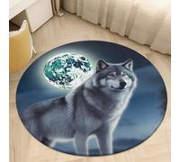 Coral Velvet Round Wolf Under Moon Area Rug 2.5Ft Welcome Door Mat with Non Slip TPR Backing Low Pile Stain Resistant Thin Indoor Carpet Floor Rug for Bathroom Kitchen Entryway Home Decor