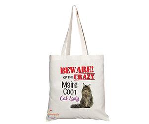 Coralgraph Inc TB505 BEWARE! OF THE CRAZY Maine Coon Cat Lady Novelty Present Gift Printed Eco-Friendly Stylish Long Handled Tote Shoulder Bag