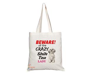 Coralgraph TB520 BEWARE! of the CRAZY Shih Tzu LADY Novelty Present Gift Printed Eco-Friendly Stylish Long Handled Tote Shoulder Bag