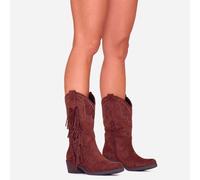 Coraline Diamante Tassel Detail Mid Calf Western Cowboy Boot In Brown Faux Suede, Women's Size UK 7