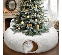 CORALMEE Cat Tunnel Bed Under Christmas Tree, Cat Beds for Indoor Cats, Foldable Plush Peekaboo Cat Cave Donut Tunnel with Ball Interactive Pet Toy for Indoor Felines Gift Small Animals, White Rhombus