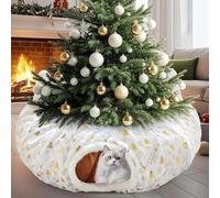 CORALMEE Cat Tunnel Christmas Tree Skirt, Cat Beds for Indoor Cats with Ball Peekaboo Cat Cave, Foldable Plush Kitten Donut Tunnel Interactive Pet Toy for Felines Gift and Small Animals, White Gilded