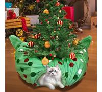 CORALMEE Christmas Cat Tunnel Bed with Tree Skirt, Cat Bed with Ball and White Ears, Green Red White Dot Peekaboo Cat Cave Donut Tunnel Interactive Pet Toy for Indoor Cats Small Animals Xmas Gift