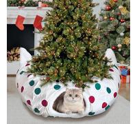 CORALMEE Christmas Cat Tunnel Bed with Tree Skirt, Foldable Cat Bed with Hanging Ball, White Green Red Dot Peekaboo Cat Cave Donut Tunnel Interactive Pet Toy for Indoor Cats Small Animals Xmas Gift