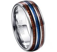 Corato 8mm Men's Silver Tungsten Ring Inlaid with Hawaiian Koa Wood and Blue Imitated Meteorite Engagement Rings Comfort Fit Sizes 7-12.5