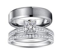 Corato His and Her Promise Rings for Couples, Tungsten Men's Band 1.35ct White Gold Plated Princess Cut Cubic Zirconia, Cubic Zirconia, Cubic Zirconia