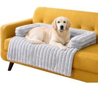 Cord Plush Pet Bed for Dogs & Cats | Soft Bolster Sofa Bed with Waterproof Lining, Non-Slip Base | Cosy Square Dog Bed for Sofa or Floor, Washable Pet Cushion, 15cm Raised Border (Silver, 90x90x15cm)