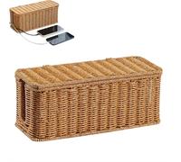 Cord Storage Basket,Charging Station Basket,Hand-Woven Narrow Woven Faux Wicker Baskets Charging Station,Under Desk Cable Management Box,Open Slots Cord Organizer Box