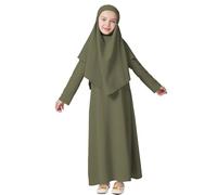Cord Top Women Muslim Dress for Girls Long Sleeve Prayer Dress Hijab for Kids Girls Abaya Girls Warm, Green, 5-6 Years