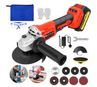 Cordless Angle Grinder 21V Brushless Angle Grinder Tool w/ 1.3Ah Battery & Charger, 2-Position Adjustable Auxiliary Handle,Cutting &Grinding Wheels,Gloves,Goggles for Cutting,Grinding,Polishing,Red