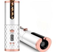 Cordless Auto Rotating Ceramic Hair Curler USB Rechargeable Automatic Curling Iron LED Display Temperature (White)