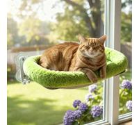 Cordless Cat Window Perch, Foldable Cat Window Hammock, 4 Strong Suction Cups, Solid Metal Frame, Patented Hook Design, Cushion Green, L